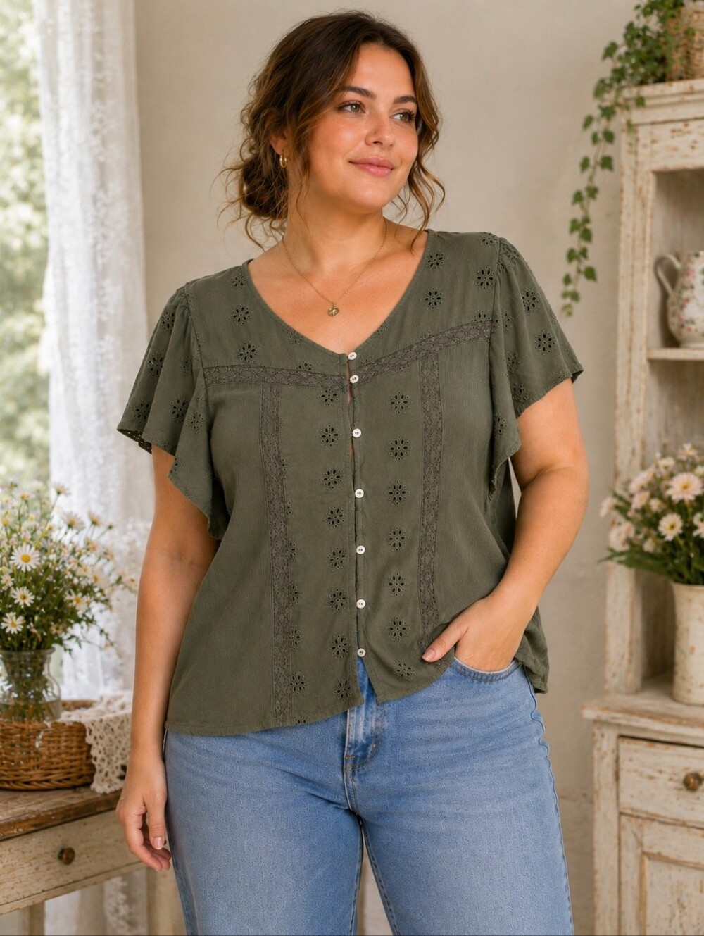 Maurices 1X Olive Green Eyelet Lace Flutter Sleeve Blouse Rayon Boho Plus Size